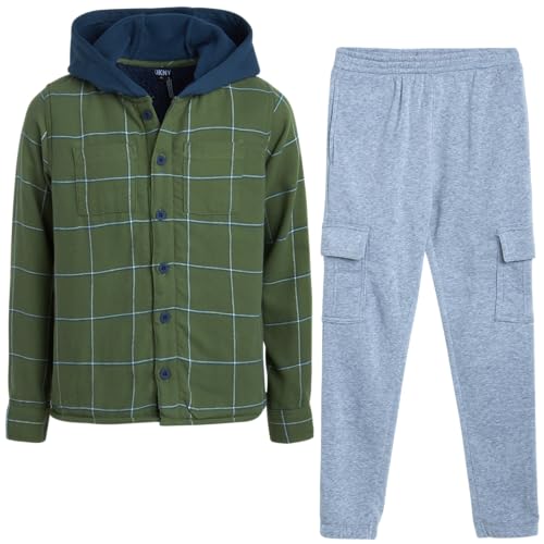 Image of DNKY Boys' Pants Set - 2 Piece Sherpa Lined Plaid Flannel Shirt and Fleece Jogger Sweatpants - Clothing Set for Boys (4-12)