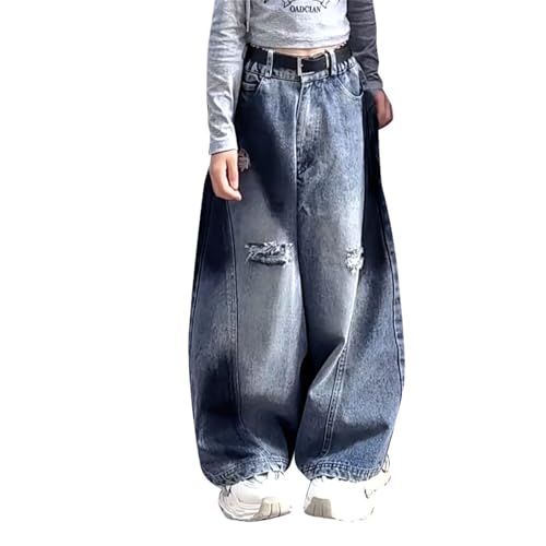 Girls Baggy Jeans Streetwear 𝗩intage 𝗬2K Elastic High Waist Wide Leg Ripped Jeans Straight Leg Denim Pants