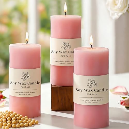 Uniteland Pink Rose Scented Pillar Candles Set of 3 Soy Candles for Mothers Day 105 Hours Aromatherapy Candle Clean Burning for Bathroom Living Room 2x4 inch