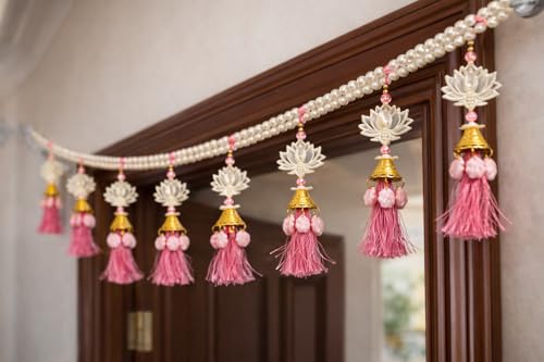 Image of Handcrafted Pearl Lotus Door Toran | 3 Feet Decorative Bandhanwar with Pink Tassels | Traditional Wall Hanging for Main Door, Pooja, Diwali, Wedding & Griha Pravesh