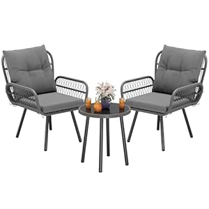 Blishom 3 teiliges Gartenmöbel Set, Bistro-Set aus handgewebten Rattan mit Glastischplatte, Balkonmöbel Set für 2 Personen für Rattan, Balkon, Terrasse, Garten, Grau