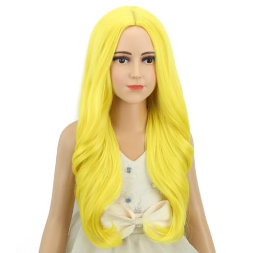 Image of Child Light Yellow Wig Girls Long Yellow Wavy Curly Wig Long Middle Part Wigs for Kids Heat Resistant Synthetic Wigs with Cap