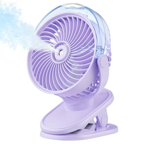 SWEETFULL Portable Misting Clip On Fan, USB-C Rechargeable Mini Personal Cooling Fan with 4 Speeds, 360° Rotatable, Quiet Cooling for Outdoor, Camping, Golf Cart, Travel, Stroller & Desk (Purple)