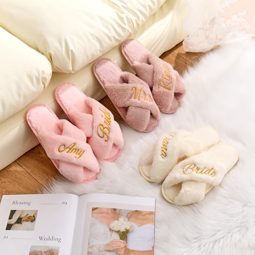 Custom Embroidery Fluffy Slippers with Name, Bride/Bridesmaid Slippers, Personalized Plush Slipper for Women, Wedding, Bachelorette, Birthday Gifts, Girls Sleepover, Gift for Mom, Bridal Shower4