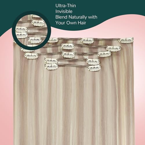 Image of Easyouth Clip in Human Hair Extensions Blonde Highlight, Human Hair Clip in Extensions for Beginners, Ash Blonde Highlights Bleach Blonde, Invisible Clip on Hair Extension for Women, 14 Inch 5pcs 85g