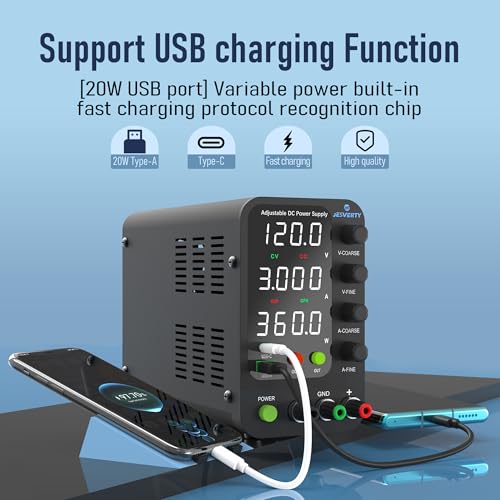 Image of DC Power Supply Variable, 0-120V 0-3A Switching Bench Power Supply with 20W USB & Type-C Quick-Charge, Encoder Corase & Fine Adjustment Knob, Output Switch, 4-Digit LED Display - SPS-12003V