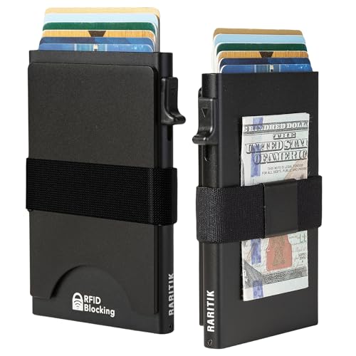 Image of Card Holder Wallets for Men | Slim Aluminum Wallet | RFID Blocking Minimalist Metal Pop Up Wallet | Money Clip & Cash Band | Expandable Compact Plate | Men's Accessories & Gifts for Men,Black