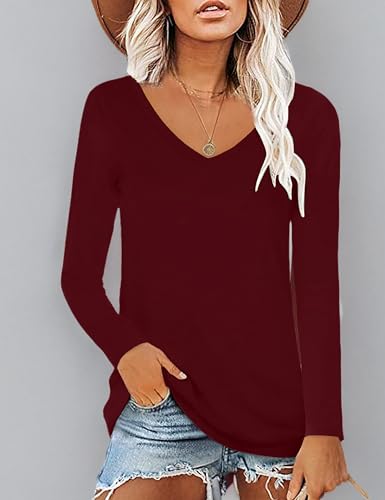 Image of Elesomo Womens T Shirts V Neck Summer Short /Long Sleeve Cotton Tops Tees