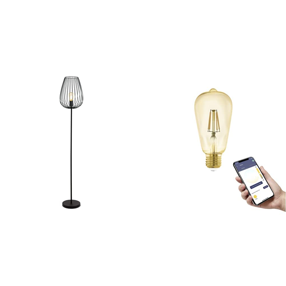 Eglo Lampadaire Newtown, lampe de sol vintage avec ampoule LED E27 connectée connect.z, lampe de salon en acier noir, luminaire dimmable avec interrupteur à pied, blanc chaud