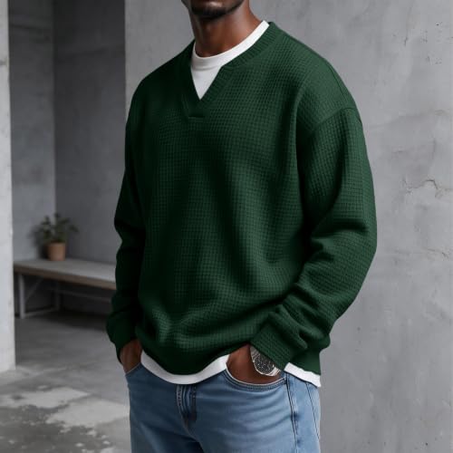 Waffle Long Sleeve Men V Neck Fake 2 Piece Casual Layered Shirt Fall Outfit - image 3