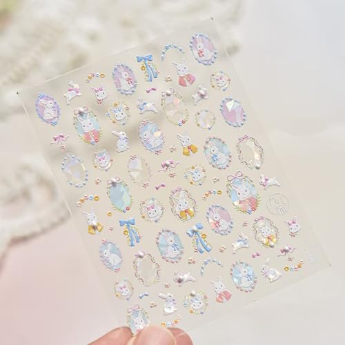 Image of Rabbit Nail Art Sticker Easter Nail Decals Cartoon Nail Stickers for Nails Art Self Adhesive 5D Embossed with Pearl Design Nails Charm for Women DIY Manicure Supplies