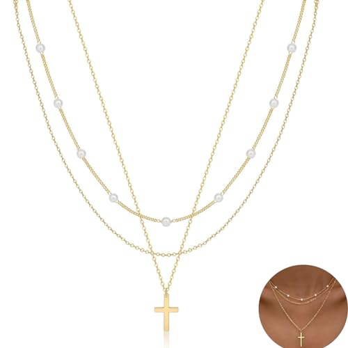 Oykrueats Gold Kreuzkette Damen, Gold-Schichtige Perlenhalskette mit Anhänger, Schmuck & Geschenkidee Laufader: 100 cm