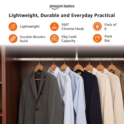 Image of Amazon Basics Wooden Hangers - Broad Shoulder, Natural Wooden Color, Glossy Finish, Pant Bar, 360 Hook, 5kg Capacity, Pack of 6 (Size: 44.5L x 23H x 5.5W cm)