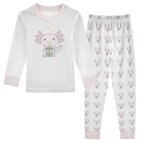 Cartoon Pajamas Set Cute Axolotl Drinking Long Sleeve PJs Cotton Jammies Sleepwear Top and Pants Multicolor