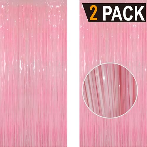 Image of GOER 6.4 ft x 8.2 ft Metallic Tinsel Foil Fringe Curtains Party Photo Backdrop Party Streamers for Birthday,Graduation,New Year Eve Decorations Wedding Decor(2 Packs,Candy Pink)