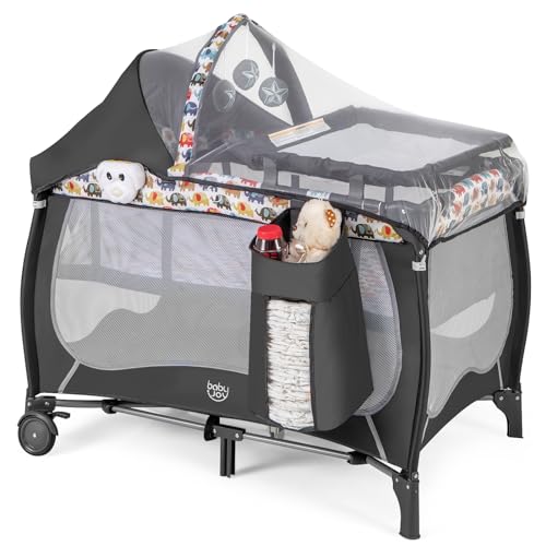 Image of BABY JOY 4 in 1 Pack and Play, Portable Baby Playard with Bassinet, Adjustable Canopy, Changing Table, Lockable Wheels, Music Box, Travel Baby Crib Bassinet from Newborn to Toddler