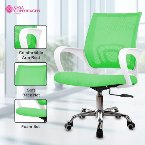 Image of Casa Copenhagen Mesh Mid Back Office /Study /Computer /Revolving /Desk Chair for Work from Home -Metal Base, Height Adjustable Seat - Green & White Handle