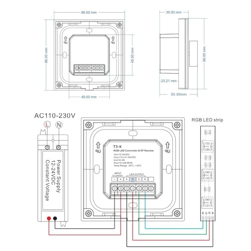 Panneau de commande mural T3-K-B avec contrôleur gradation rotatif DC12-24V