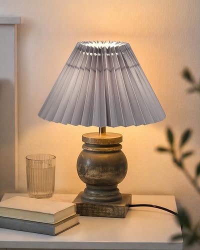 Image of Homesake Small Table Lamp for Bedroom Living Room Simple Retro Grey Distress Wood Grain Farmhouse Bedside Lamps Suitable for Nightstand, Desk Light, Gift, Trophy, (Grey Pleated Shade)