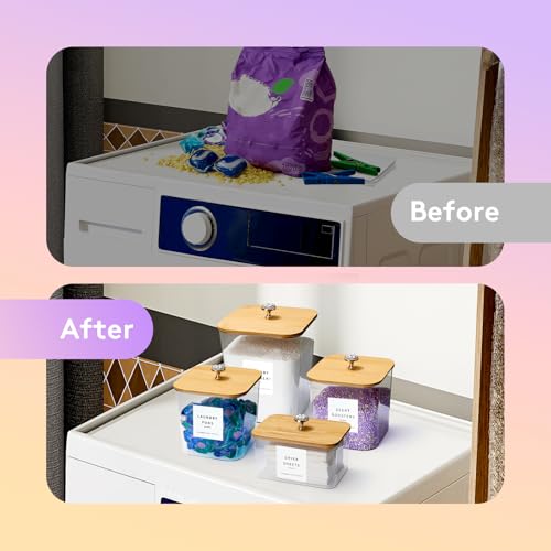 POLRAI 4 Pack Laundry Pod Containers and Dryer Sheet Holder for Laundry Room Organization Acrylic Jars with Lids and Labels for Laundry Detergent Laundry Pods Dry Sheet Organizing
