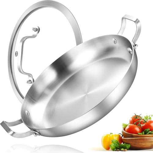 Comparison: Best Stainless Paella Pan 3 Inqibee 14 Inch Tri-Ply Stainless Steel Paella Pan with Lid,Large Skillet,Omelet,Griddle,Induction Cooking Pan,Dishwasher and Oven Safe.