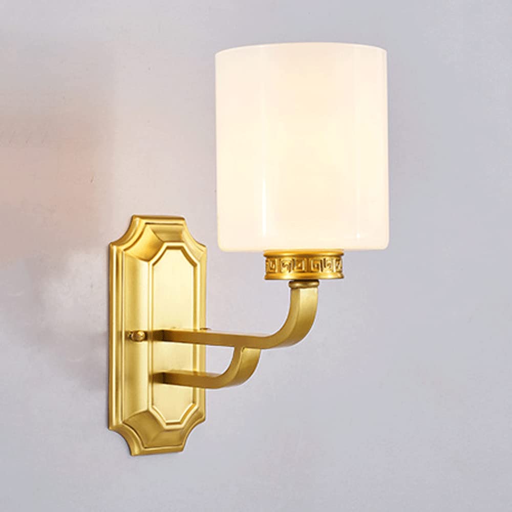 CWCQGH Wall Sconces, Living Room Wall Lamp, Single Head Brass Wall Lights with White Glass Shade Wall Sconce, Industrial Copper Wall Lighting Fixtures, E27 Socket, Cylindrical Background Light