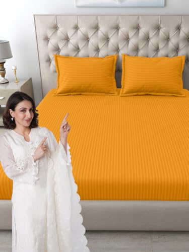 Image of Mafatlal Italian Strip King Size Bed Sheet Cotton with 2 Pillow Covers | 210 TC Pure Cotton Flat Bedsheet Yellow | 108 x 108 Inches| Soft & Durable
