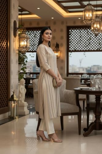 Image of Saanjh Women's Fit Straight Cotton Blend Long Kurta, 3 /4 Sleeve, Knee Length Kurtis, Casual and Office Wear