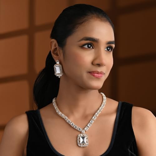Image of I Jewels Gold Plated Stylish Design Crystal Diamond Necklace & Earrings Jewellery Set for Women