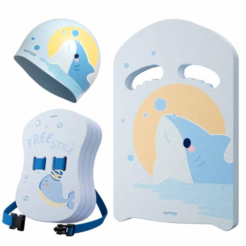 YOTTOY Kids Swim Belt Set,3-Layer Adjustable Floating Swim Trainer for Children to Swim, Back Float for Kids Swimming Beginners, Includes Kickboard & Swim Cap (Blue, Age 5-8(Height 1.1-1.28m))