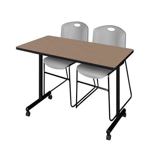 Image of Regency Kobe 48 x 24 in. Mobile T-Base Training Table- Noble Oak, 2 Zeng Stack Chairs- Grey
