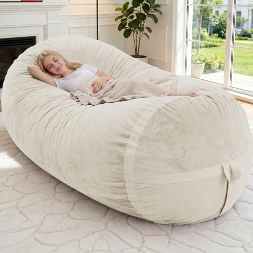 Image of 6FT Bean Bag Chair 6'Giant Bean Bag Chairs with Adults, Large Beanbag Chair | Bean bag Lounger with Machine Washable Cover Dutch Velvet Fabric, Comfy Chairs for Living Room Bedroom Dorm, Beige