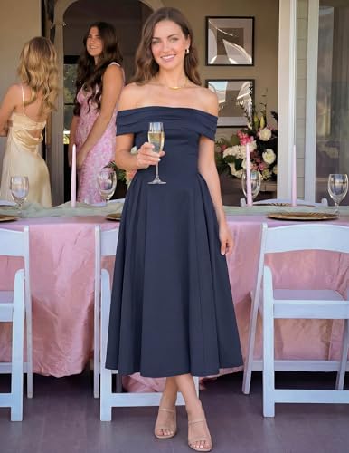Image of ZESICA Summer 2026 Cocktail Dresses for Women's Off Shoulder Short Sleeve Swing A Line Wedding Evening Party Midi Dress