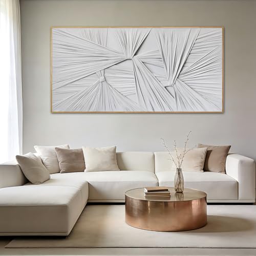 White Abstract Framed Canvas Wall Art, Textured Sculptural Minimalist Artwork,