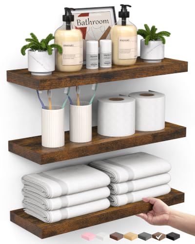 BAYKA Rustic Brown Bathroom Floating Shelves, 15.7in, 3Pk, Wall Mount Shelf
