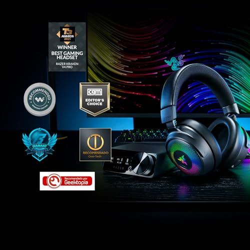 Razer Kraken V4 Pro - Kabelloses Gaming-Headset mit Control Hub Sensa HD-Haptik (OLED-Control-Hub, Triforce 40mm Treiber, HyperSpeed & Bluetooth, THX Spatial Audio, RGB) Schwarz