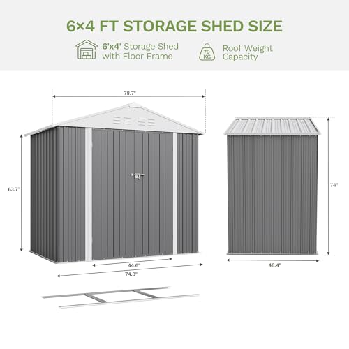 Image of Devoko 6 x 4 FT Storage Sheds with Floor Frame, Waterproof Garden Tool Shed with Lockable Door, Outdoor Metal Utility Shed for Backyard Patio Lawn, Gray
