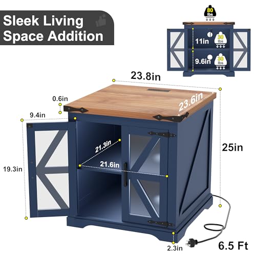 Yusong-Farmhouse-End-Table-with-Charging-Station-24-Large-Sofa-Side-Table-with-Glass-Barn-Door-Blue-Nightstand-with-Adjustable-Storage-Shelf-Rustic-Wood-Bedside-Table-for-Living-Room-Bedroom Yusong Farmhouse End Table with Charging Station 24 Large Sofa Side Table with Glass Barn Door Blue Nightstand with Adjustable Storage Shelf Rustic Wood Bedside Table for Living Room Bedroom