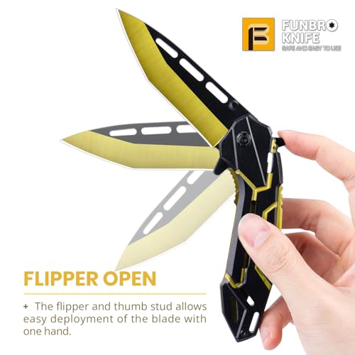 Image of FUNBRO Pocket Knife for Men, Cool Folding Knife with 3.4 inch Stainless Steel Sharp Blade, Flipper Open EDC Knives with Clip for Outdoor Camping Hiking, Gifts for Him Dad Husband (Gold)