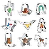 SINGARE 9 Pcs Cowboy Cookie Cutters Set, Stainless Steel Western Cactus Horse Longhorn Cookie Cutters Shapes Biscuit Cutters Molds for Baking Homemade Treats Cowboy Birthday Party Supplies