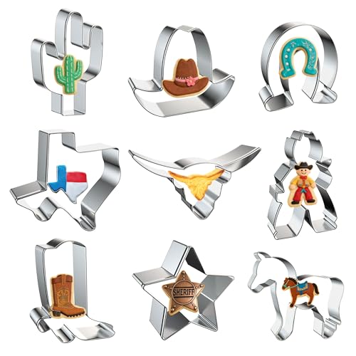 SINGARE 9 Pcs Cowboy Cookie Cutters Set, Stainless Steel Western Cactus Horse Longhorn Cookie Cutters Shapes Biscuit Cutters Molds for Baking Homemade Treats Cowboy Birthday Party Supplies  