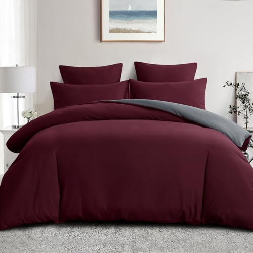 Image of Aisbo Double Duvet Cover Set - 3Pcs Reversible Bedding Bed Set Burgundy Red and Grey Double Soft Brushed Microfiber Quilt Cover with 2 Pillowcases 50x75cm