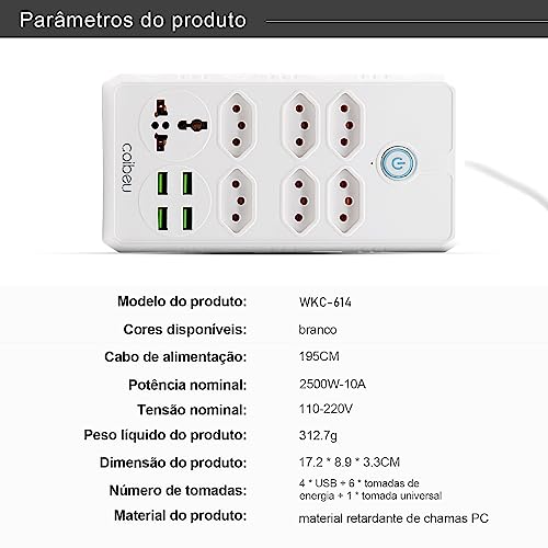 Extensão Tomada, Régua Tomada, Régua de Energia, 6 Tomadas, 4 Interfaces USB, 1 Tomada Universal, Ca