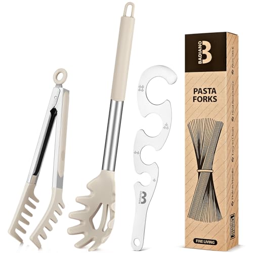 Silicone Spaghetti Spoon & Pasta Tong With Pasta Measurer, 3 Pack of Non-Stick Stainless Steel Handle Pasta Fork Set with Teeth, Food Clip for Easy Serving of Noodles (KHAKI) by Badiano - Used condition - US$13.13