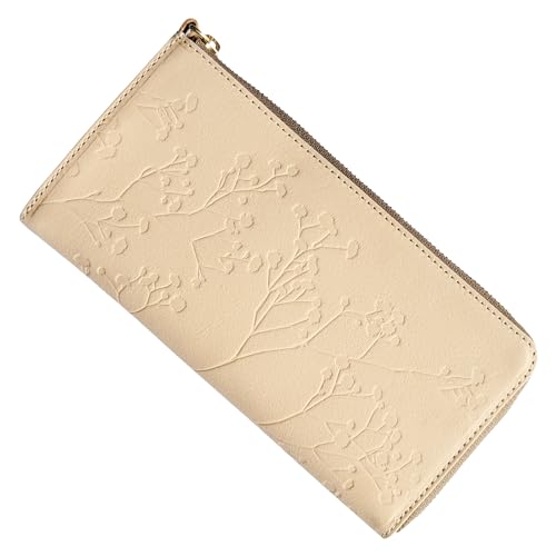 SHIROSHIKA SSA04 Women’s Long Leather Wallet Slim Bifold Wallet Tochigi Leather Genuine Leather L-shaped Zipper Elegant Floral Pattern Pink Beige Made in Japan, (Beige)