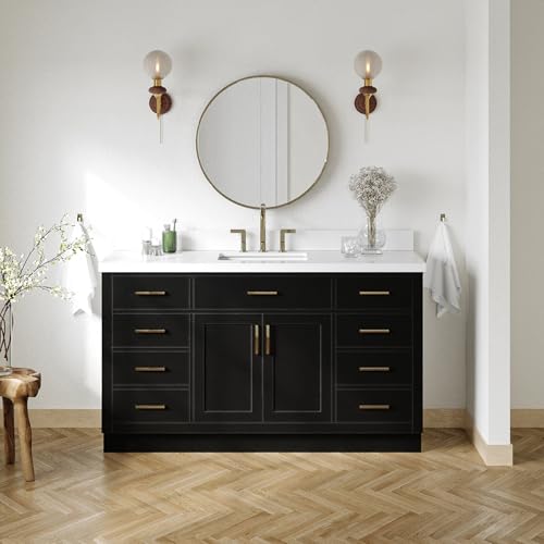 ARIEL Hepburn 60-inch Bathroom Vanity with Sink,Solid Wood, 1.5-inch Pure White Quartz Countertop & Backsplash, Single Rectangular Porcelain Sink, 2 Soft Closing Doors, 9 Dovetail Drawers, Black