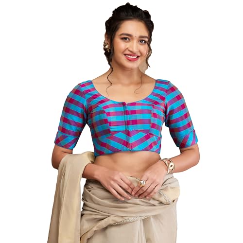 Image of SALWAR STUDIO Silk Woven Round Neck Checkered Elbow Length Blouse