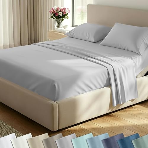Split King Sheets for Adjustable Bed,Soft 100% Cotton Sheets, 400 Thread Count Sateen, 5 Pc Set - 2 Twin-XL Fitted Sheets, Deep Pocket Sheets, Cooling Sheets, Beats Egyptian Cotton Claim (Light Gray)