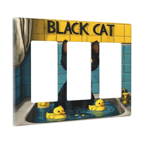 Decorative Outlet Covers Novelty Black Cat Funny Duck Bath 3 Gang Wall Plate Triple Rocker Light Switch Cover Plate Jumbo Electrical Gfci Faceplate for Bedroom Decor