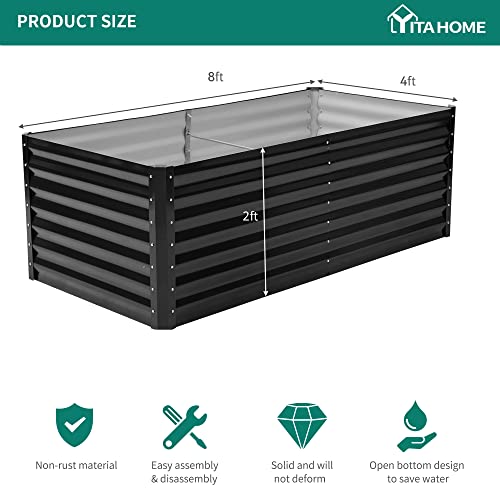 Yitahome 8X4X2Ft Outdoor Raised Garden Bed Kit, Large Stainless Steel Metal Patio Planter Box With 2 Ground Nails, 3 Support Rod, And Safe Edge Curling Design For Plants Vegetables Flowers Fruit,Black #TOP7